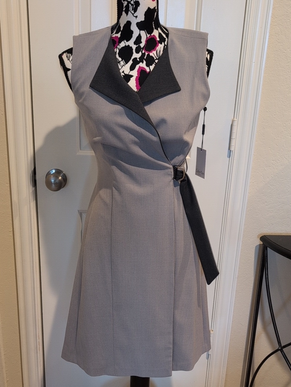 Calvin Klein Sleeveless Gray Faux Wrap Dress with Contrast Trim Size 4 NWT